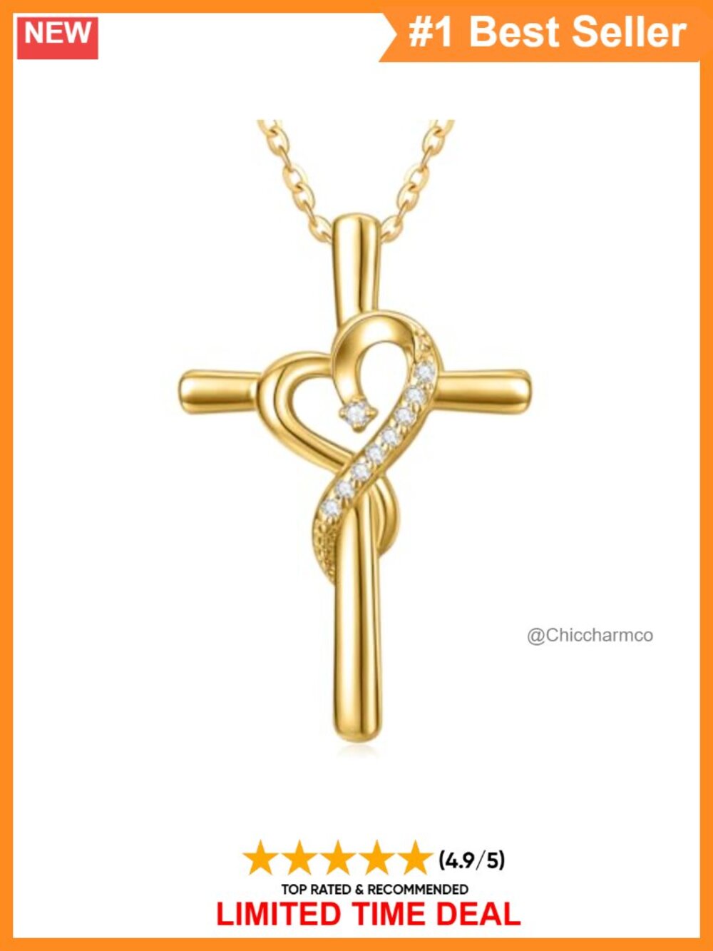 14k Yellow Gold Heart Cross Diamond Pendant Necklace Religious Gift